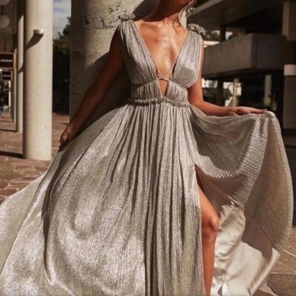 Jonathan Simkhai Plisse Lame Goddess Maxi Gown Flawed Sz S